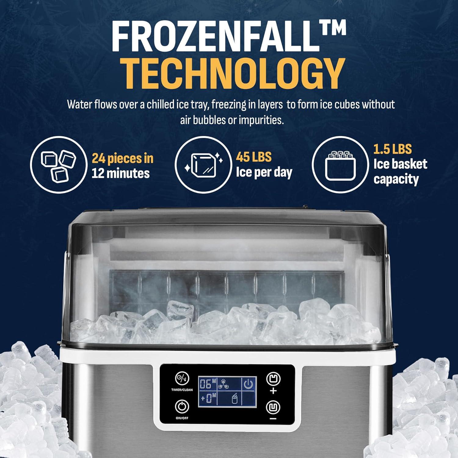 Newair Countertop Clear Ice Maker, 45lbs/Day Ice Cube Machine, Self-Cleaning Function and Custom Ice Thickness, Portable Ice Maker, 24H Timer