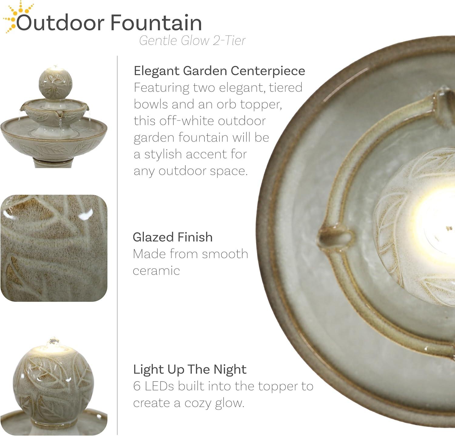 Sunnydaze Gentle Glow 2-Tier Ceramic Outdoor Fountain with LED Lights - 26.5" H - Off-White