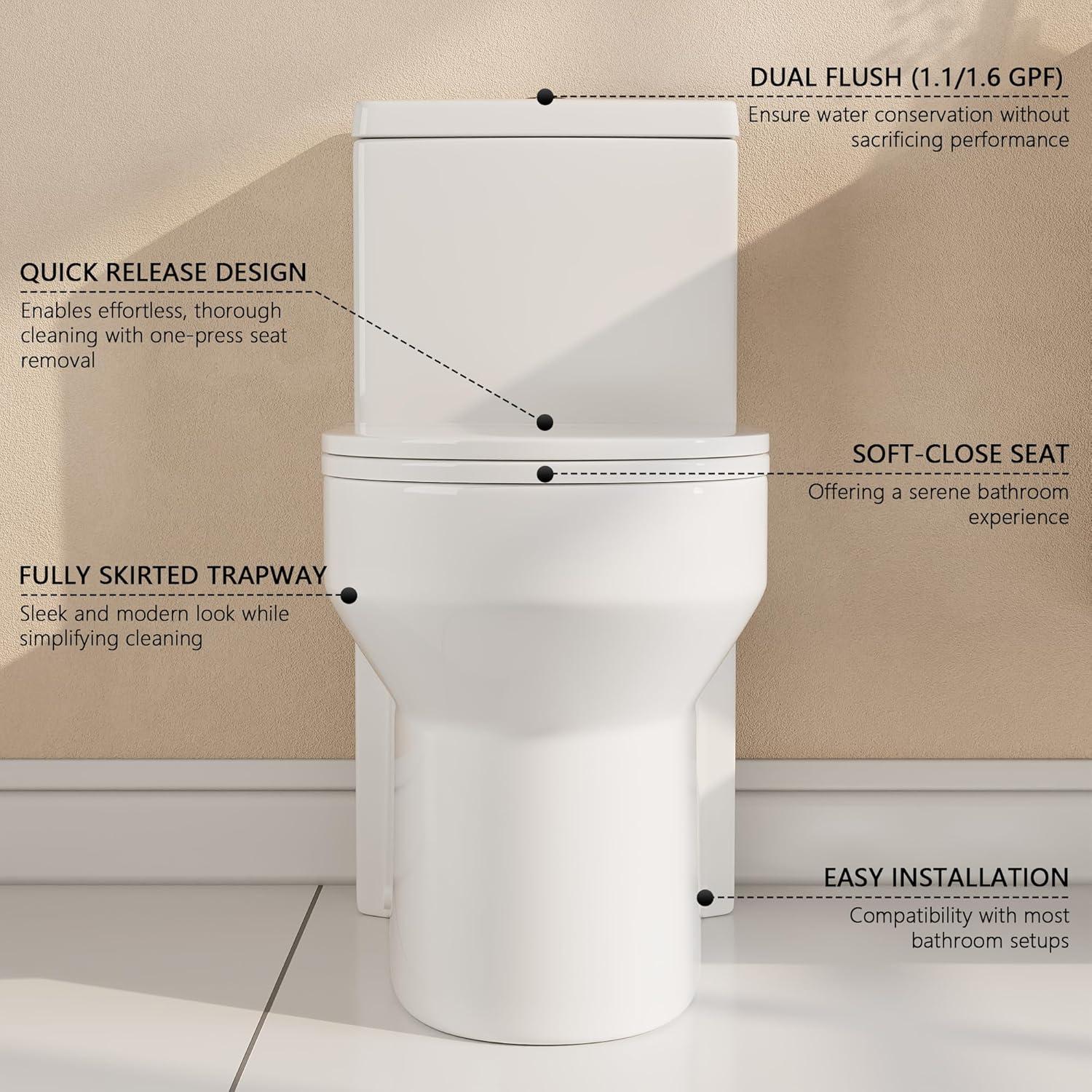 Liberty Compact Toilet, Modern One-Piece Round Toilet with Dual Flush, Easy Cleaning Fully Skirted Design(Seat Included)