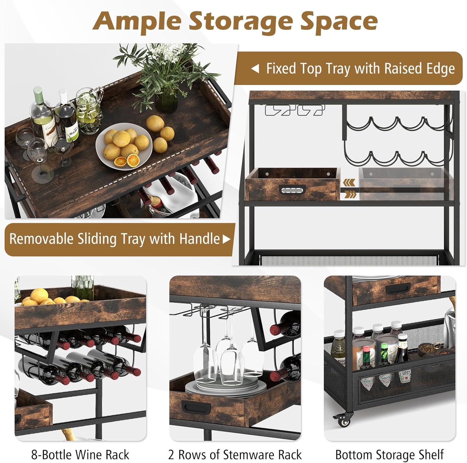 Giantex -Tier Rolling Bar Cart, Industrial Buffet Serving Trolley Cart w/Wine Rack, Stemware Rack & Removable Tray, Mobile Liquor Beverage Cart