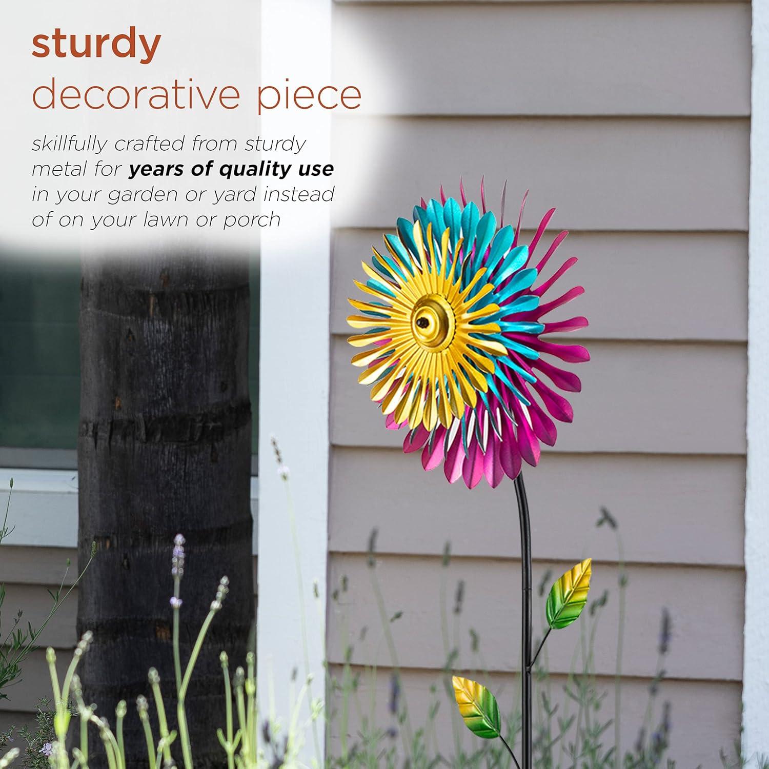 Metal Daisy Wind Spinner Garden Stake - Alpine Corporation: Outdoor Decor, Freestanding Iron Display