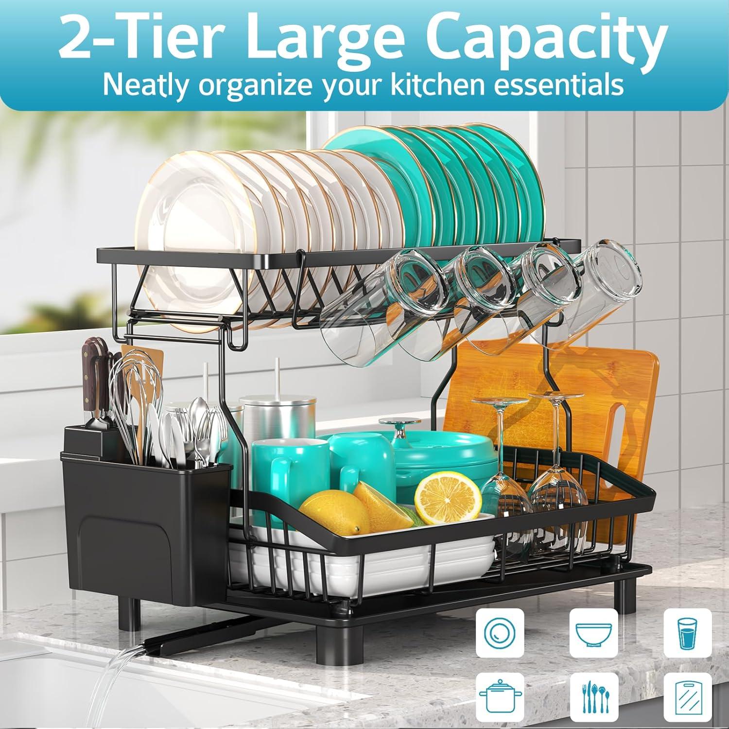 Dish Drying Rack - 2 Tier Dish Racks for Kitchen Counter with Drainboard, Utensil & Wine Glass Holder, Multifunctional Dish Drainer for Kitchen Organization, Black