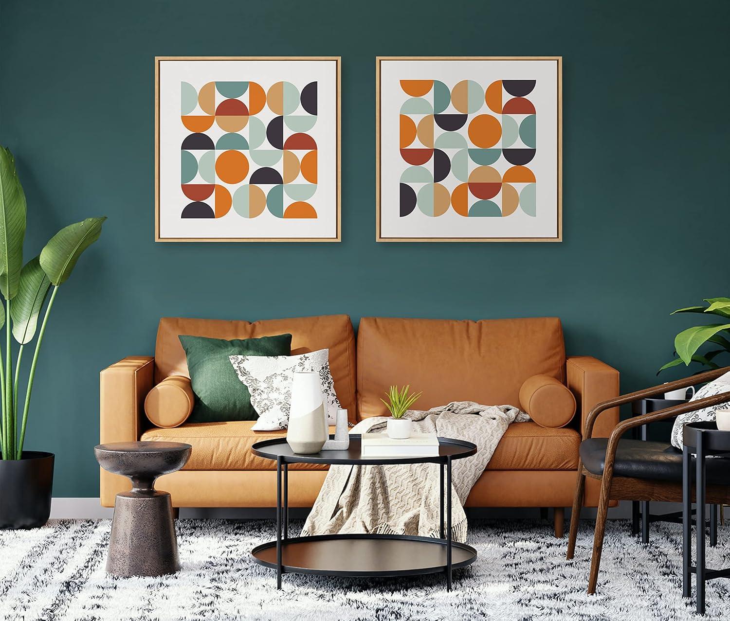 Retro Geometric Abstract Canvas Print with Natural Frame, 30x30