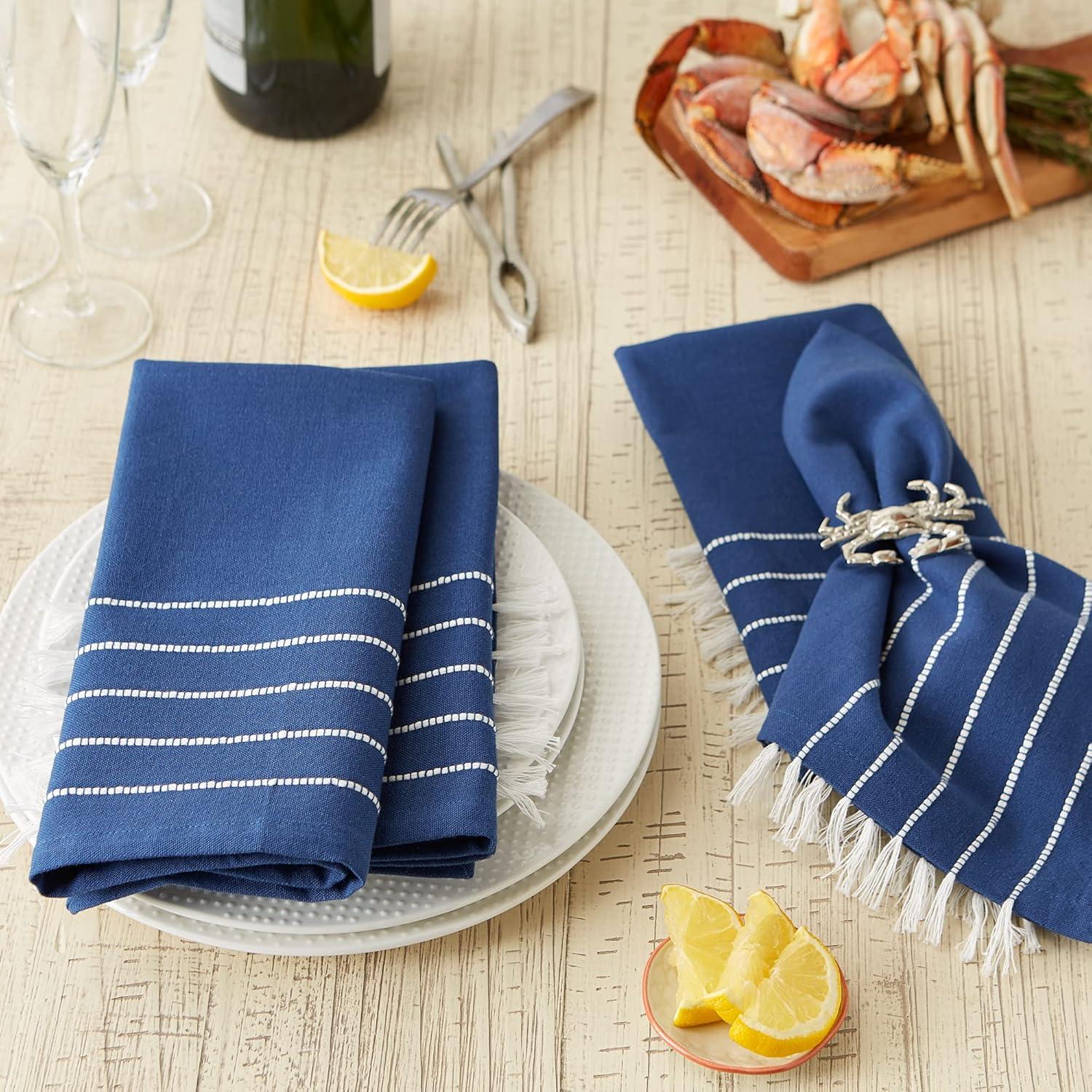 Navy and Off White Stripe Tassel Napkin Multi-Color Cotton 20x20x.2 Set of 4