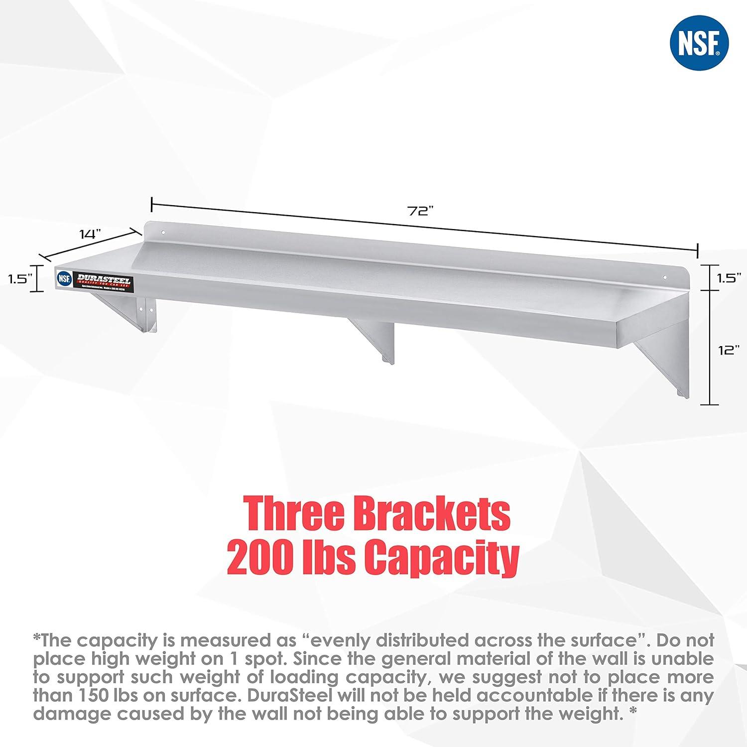 DuraSteel Stainless Steel Wall Shelf - 72" Wide x 14" Deep Commercial Grade - NSF Certified