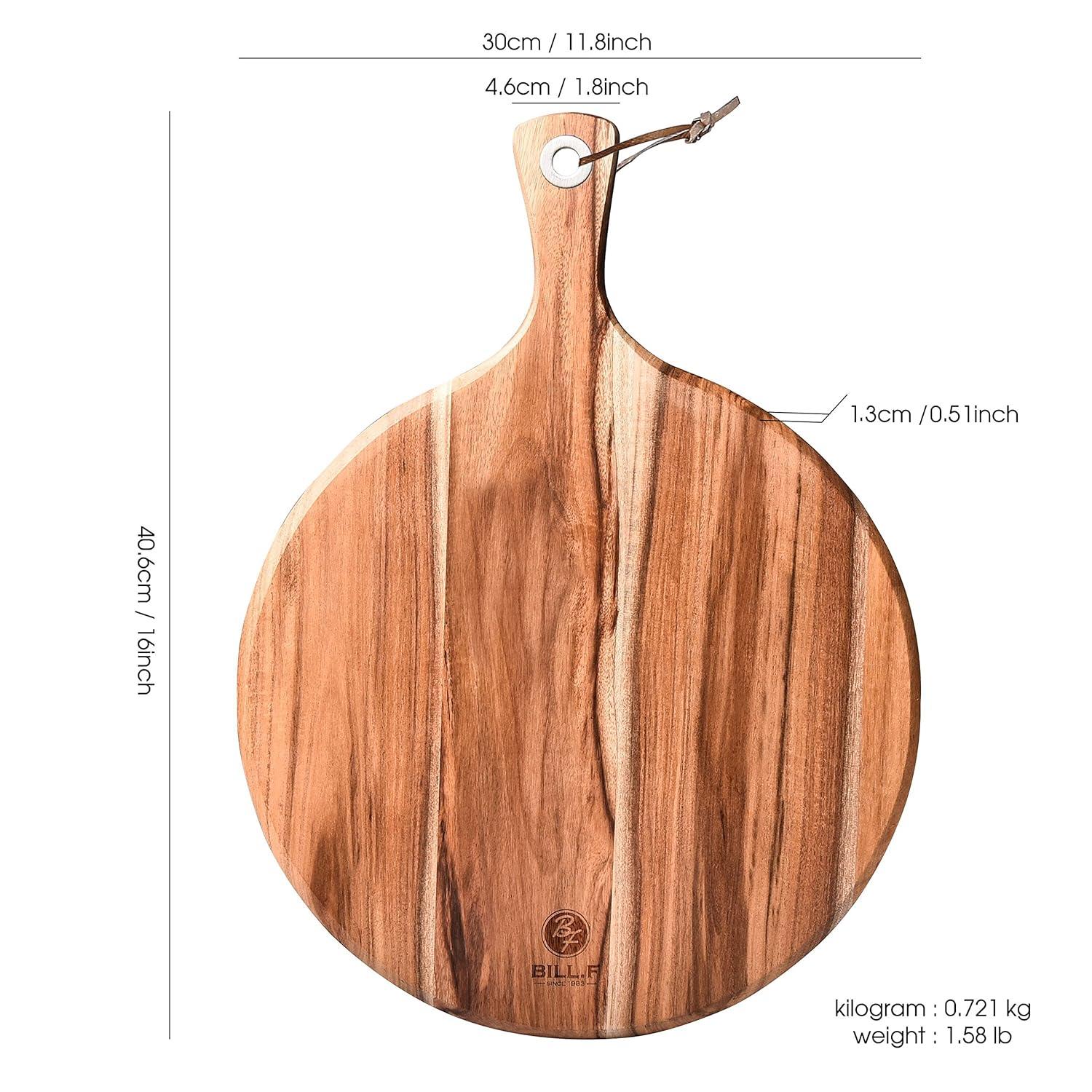 Acacia Wood Pizza Peel,12” Cutting Board, Cheese Paddle Board, Bread and Crackers Platter for Serving and Minor Food Prepare with Handle - 16 x 12 x 0.5 Inch