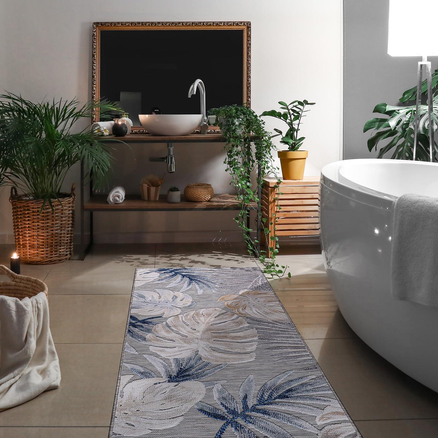 CAMILSON Spring Leaf Tropical Botanical Easy-Cleaning Non-Shedding Washable Outdoor Indoor Area Rug Blue 9x12