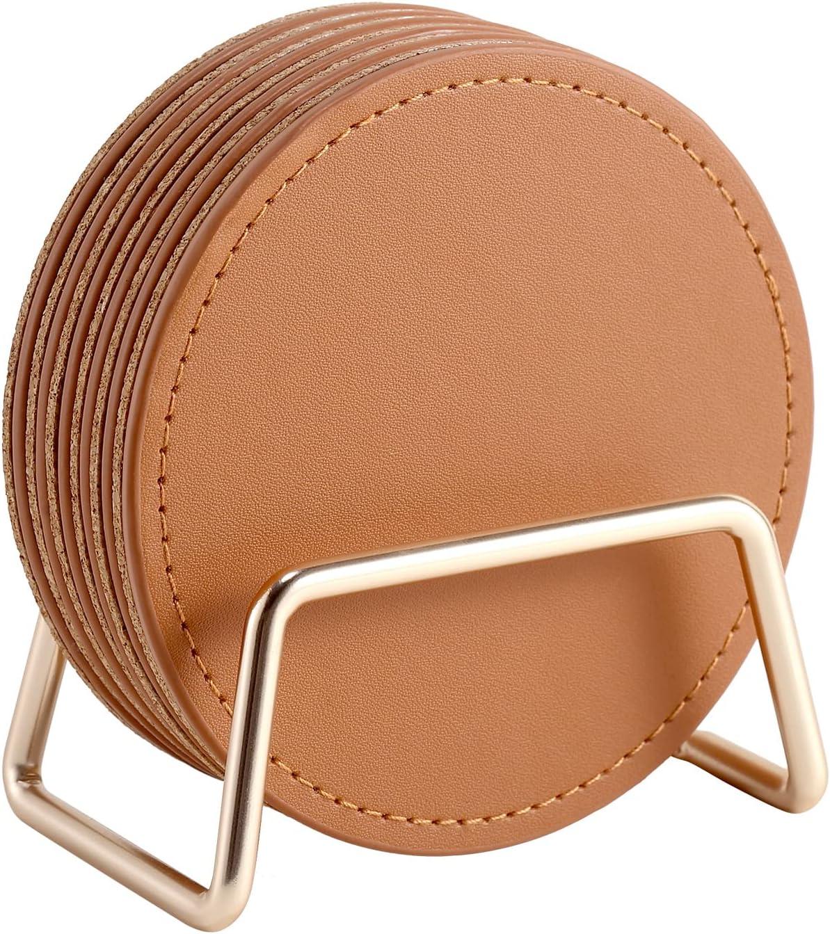 Brown Faux Leather Coaster Set with Gold Metal Holder