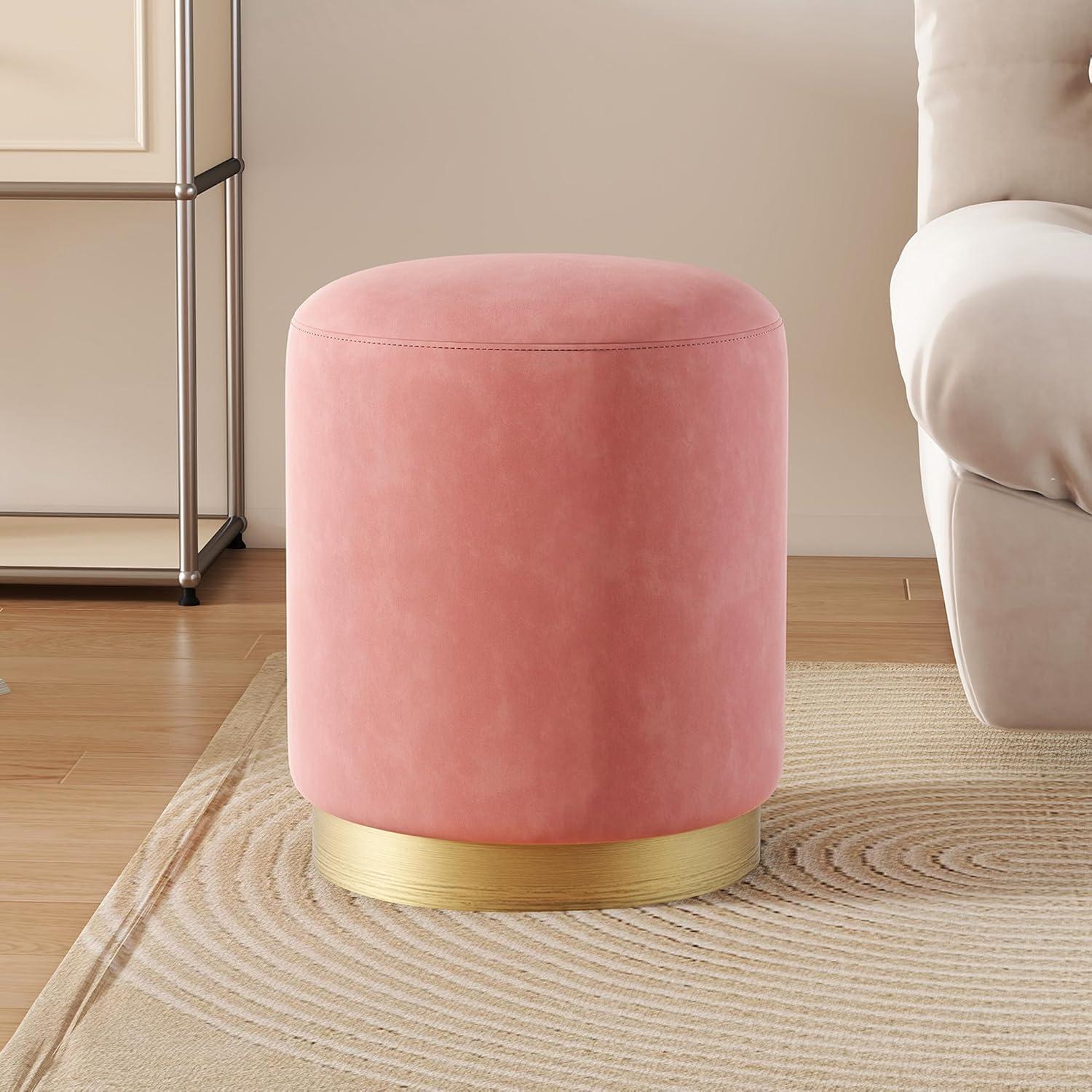 Velvet Fabric Upholstered Padded Round Pouf Ottoman, Pink