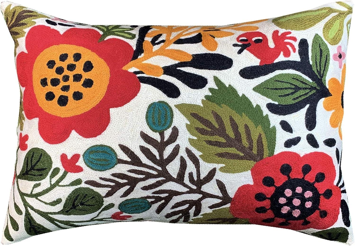 Hand Embroidered Floral Cotton Lumbar Throw Pillow