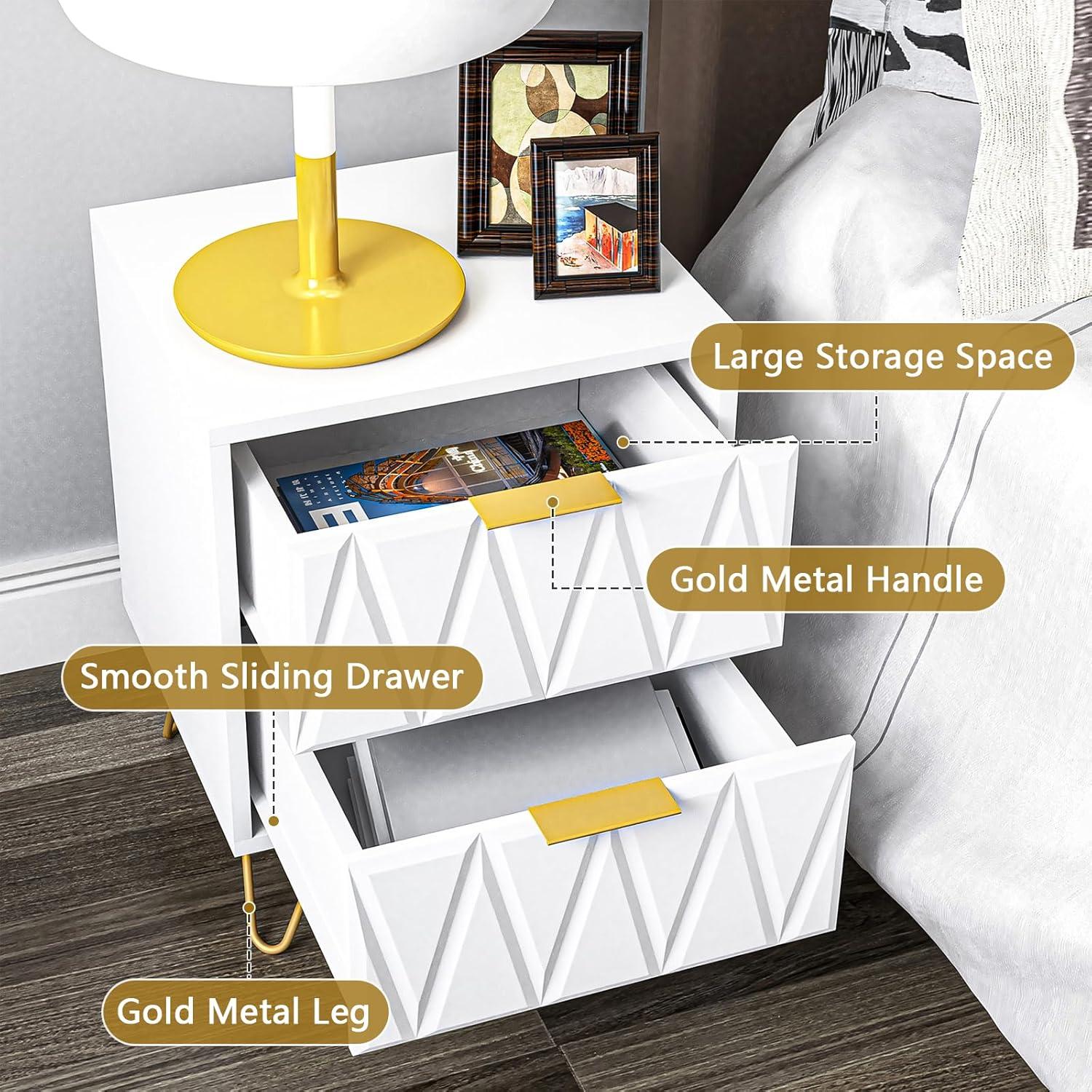 White and Gold Nightstand Set of 2,Modern Bedside Table with 2 Drawer for Bedroom,End Side Table with Gold Legs for Living Room,White Night Stand Set 2 for Bedroom