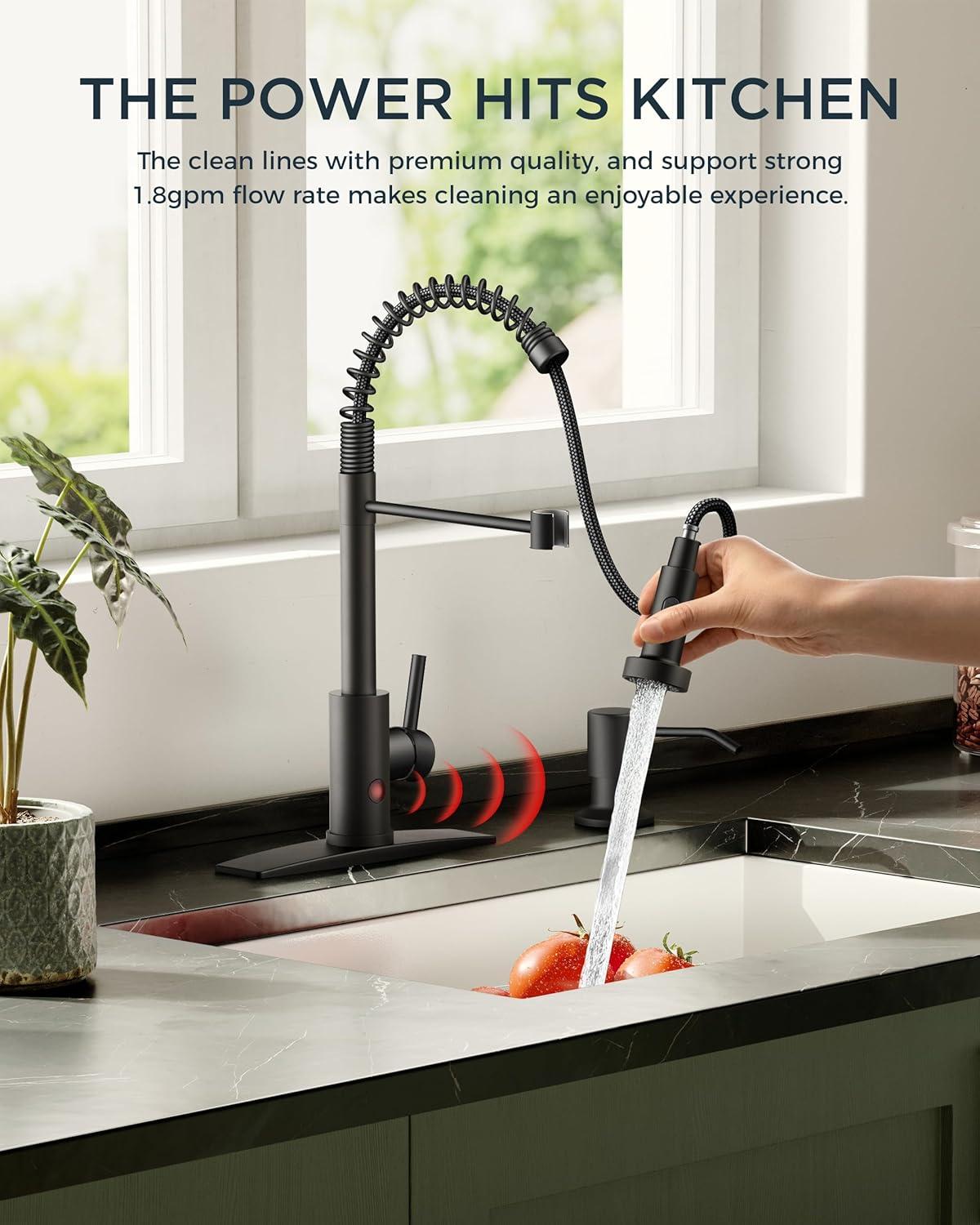 Matte Black Touchless Kitchen Sink Faucet with Pull Down Sprayer and Soap Dispenser, Stainless Steel Motion Sensor Touch Faucet for Kitchen Sink Smart Hands-Free Single Handle