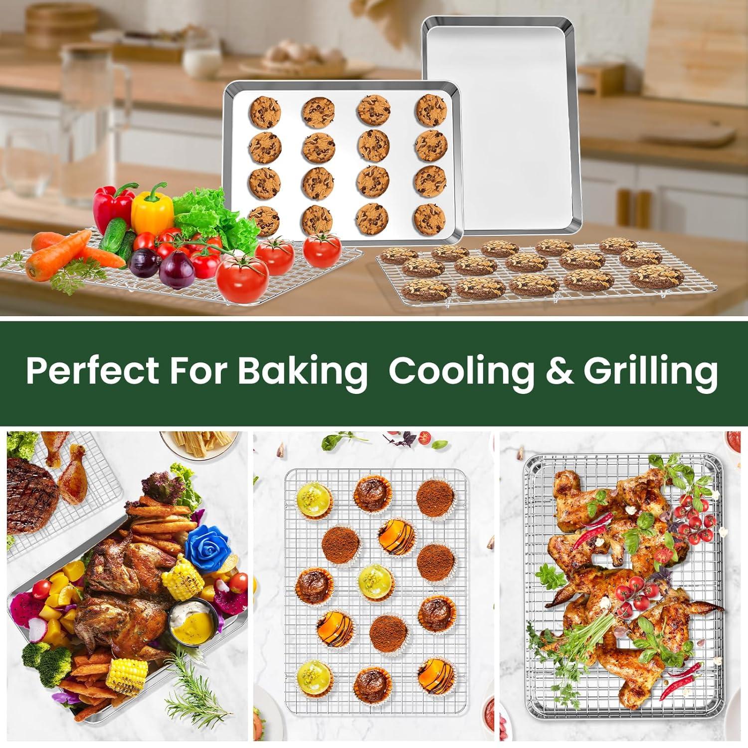 Baking Sheet with Wire Rack, Stainless Steel Cookie Sheet Pan Set, Non Stick Baking Pans with Cooling Rack for Oven Cooking, 15.9 x 12 x 1 inch 4 Pcs