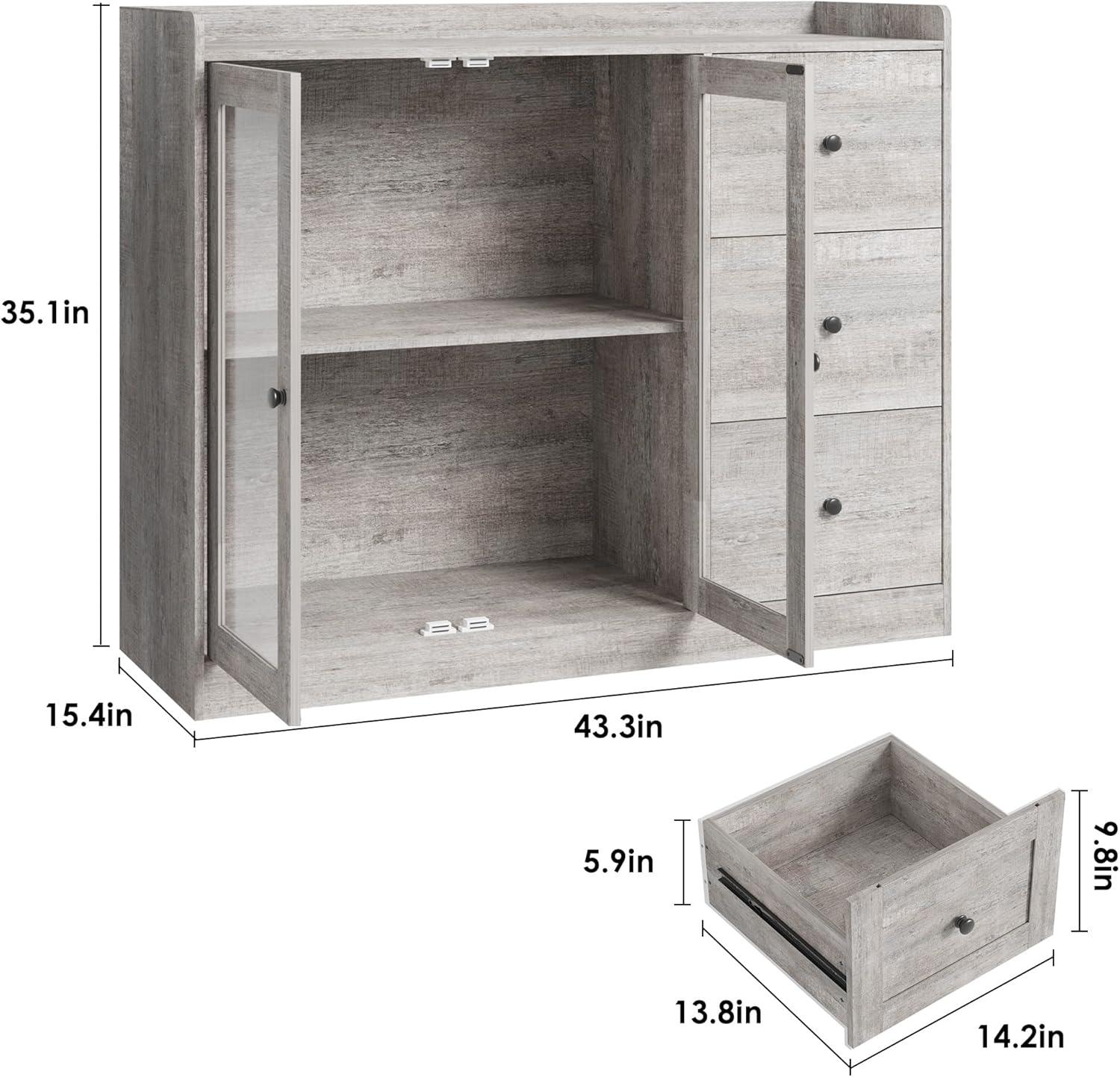 WALYWIK Sideboard Buffet Cabinet with Storage, 43" Coffee Bar Cabinet with Glass Doors and 3 Drawers, Storage Cabinet with Adjustable Shelves for Kitchen, Dining Room, Grey