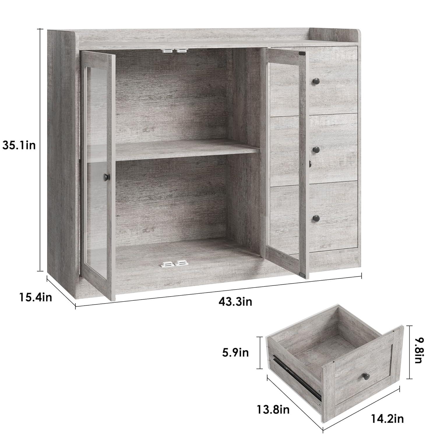 WALYWIK Sideboard Buffet Cabinet with Storage, 43" Coffee Bar Cabinet with Glass Doors and 3 Drawers, Storage Cabinet with Adjustable Shelves for Kitchen, Dining Room, Grey