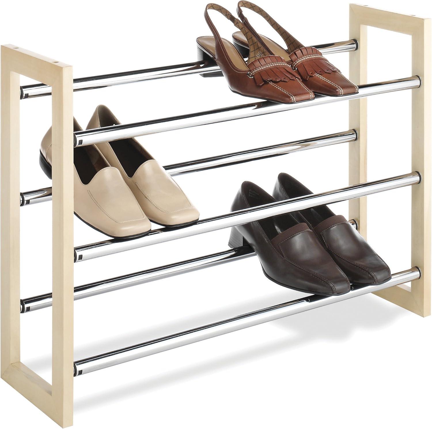 Whitmor 3-Tier Expandable Stackable 18 Pair Shoe Rack, Metal and Wood, Natural Wood and Chrome