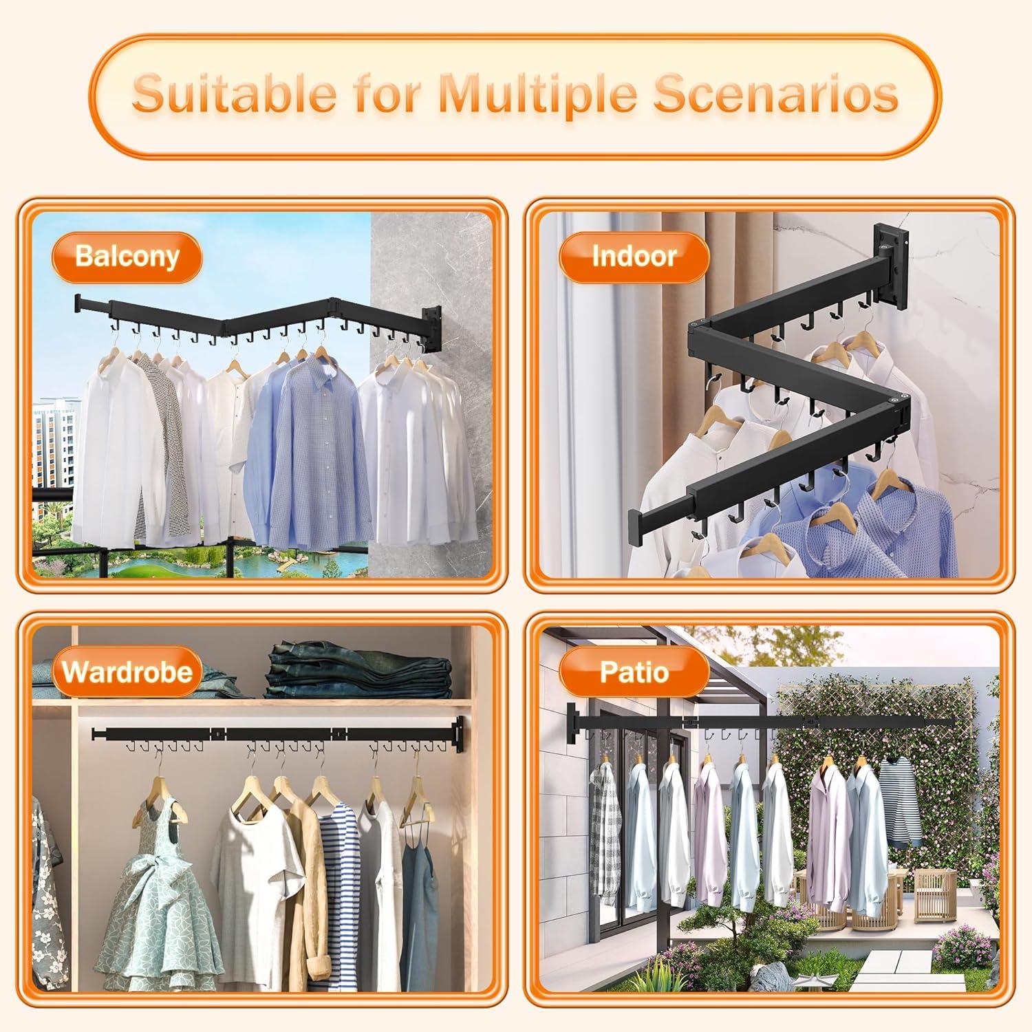 Retractable Wall Mounted Clothes Drying Rack: Folding Laundry Hanger with Collapsible Design and J Shape Hooks