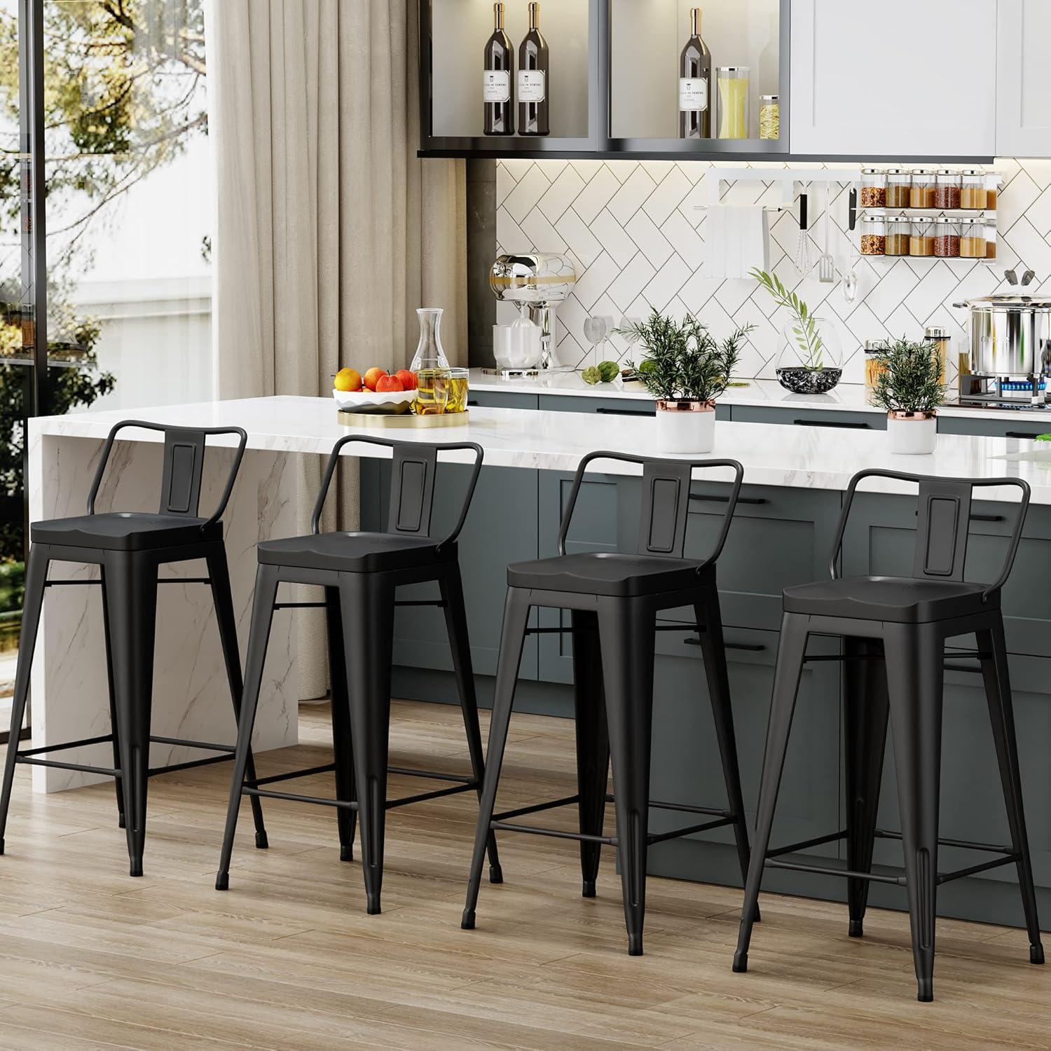 Set of 4 Black Metal and Wood Counter Height Bar Stools