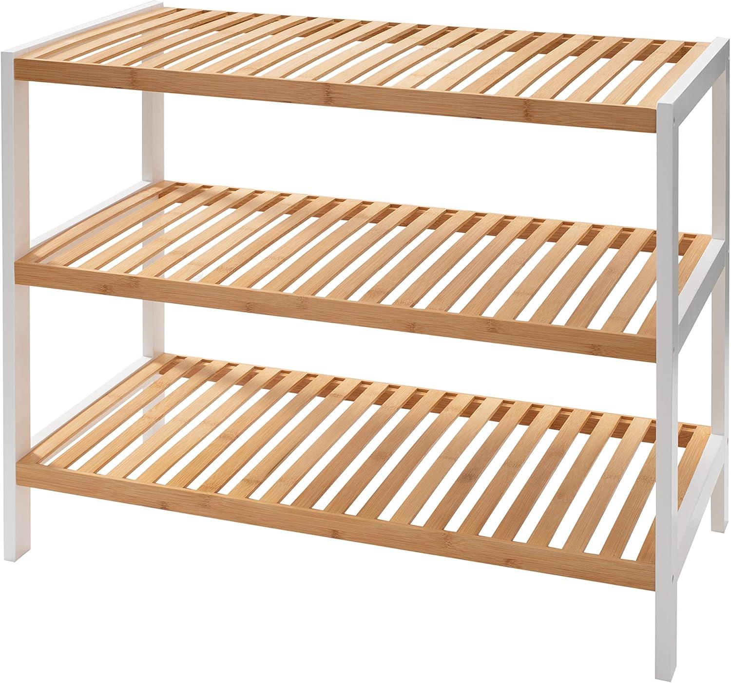 White and Bamboo 3-Tier Rectangular Footwear Storage Shelf