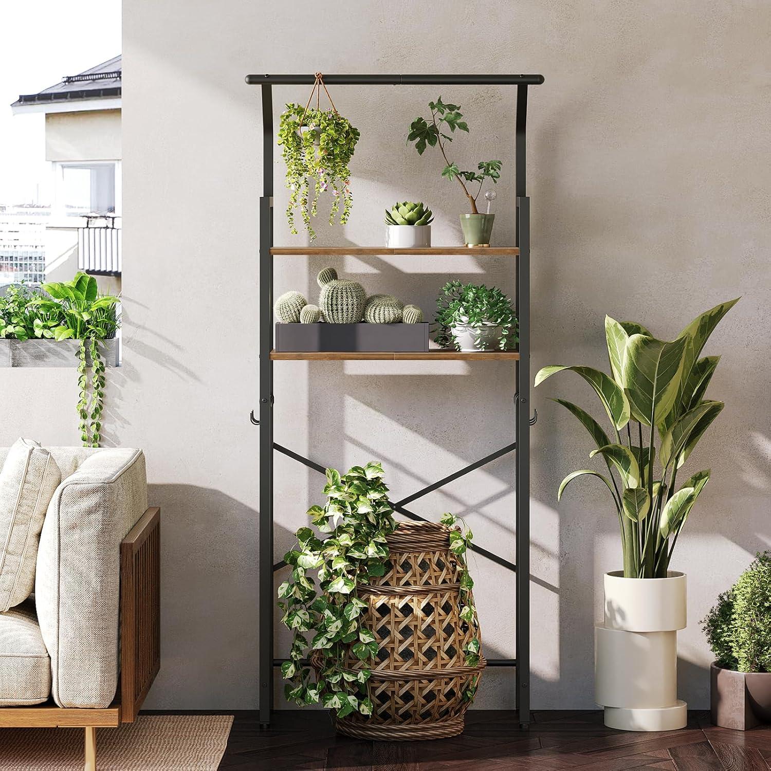 Over The Toilet Storage, 2-Tier Bathroom Organizer Shelves with Hooks, Multifunctional Vertical The Toilet Shelf Storage Rack for Bathroom, Rustic Brown and Black TR01BR