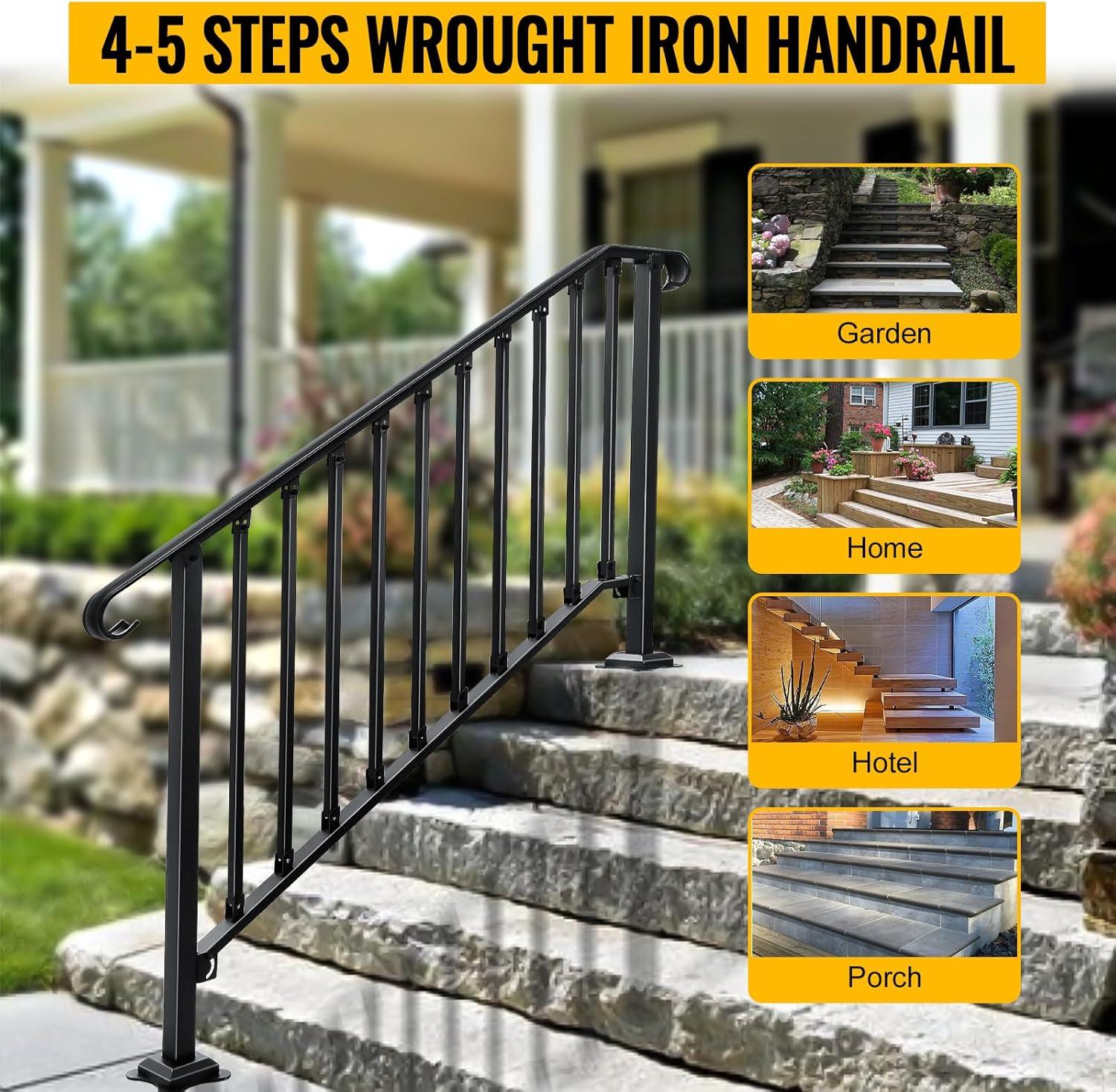 HLL Handrails for Outdoor Steps, Black Wrought Iron Handrail Fits 4 or 5 Steps, Transitional Handrail with Installation Kit, Stair Railing for Concrete Steps or Wooden Stairs