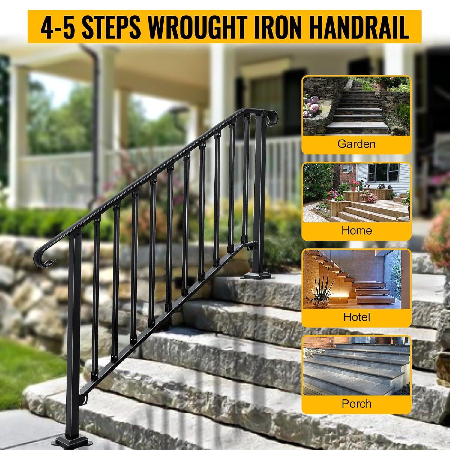 HLL Handrails for Outdoor Steps, Black Wrought Iron Handrail Fits 4 or 5 Steps, Transitional Handrail with Installation Kit, Stair Railing for Concrete Steps or Wooden Stairs