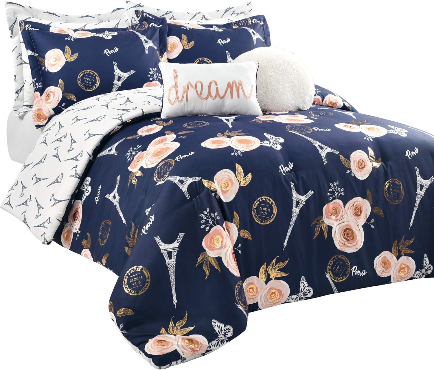 Lush Decor Vintage Paris Rose Butterfly Script Microfiber Reversible 7 Piece Comforter Set