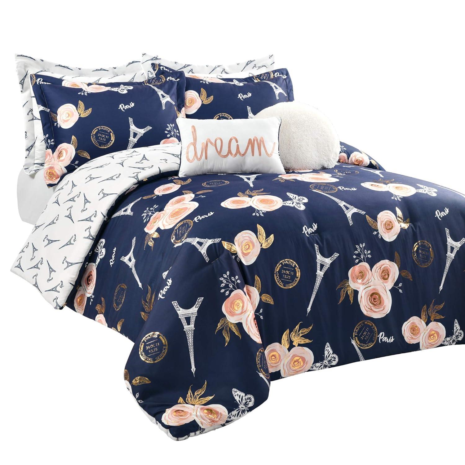 Lush Decor Vintage Paris Rose Butterfly Script Microfiber Reversible 7 Piece Comforter Set