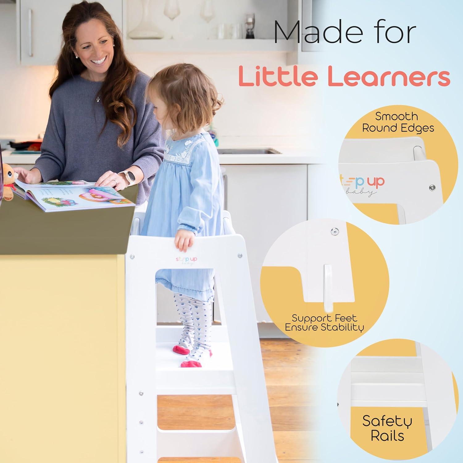 Stepup Baby Toddler Tower with Adjustable Step, White Montessori-Inspired Toddler Step Stool, Standing Tower for Kids, Fits Under Kitchen Counters, Adjustable for 18 Month - 5 Years