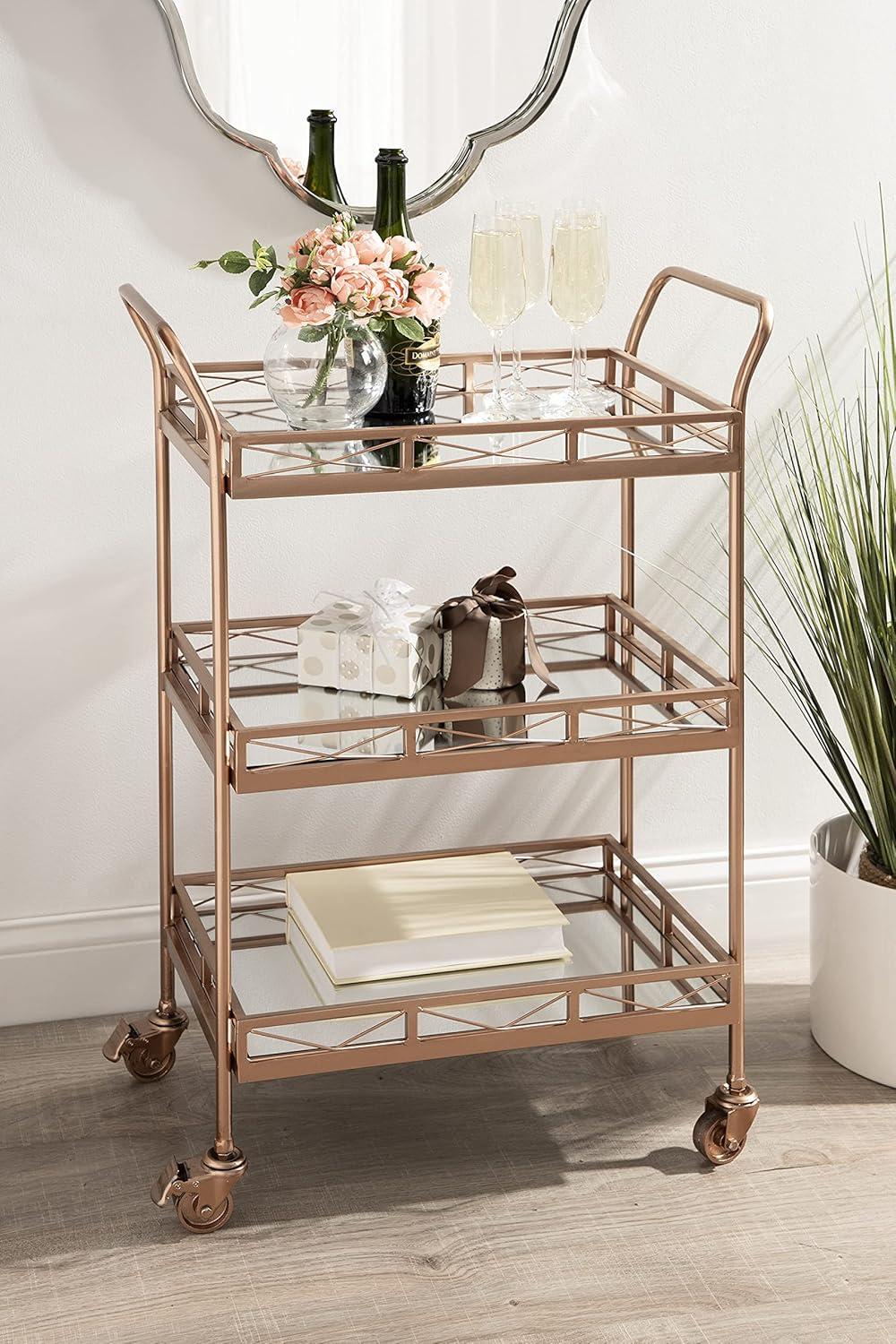 Elegant Rose Gold Metal Bar Cart with Mirrored Tiers and Locking Wheels