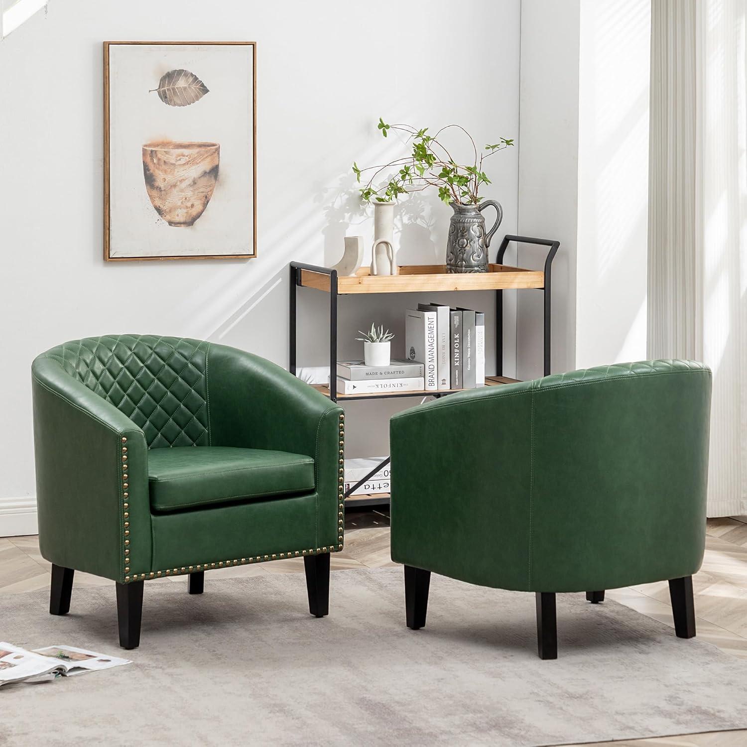 Green Faux Leather Barrel Accent Chairs with Nailhead Trim, Set of 2