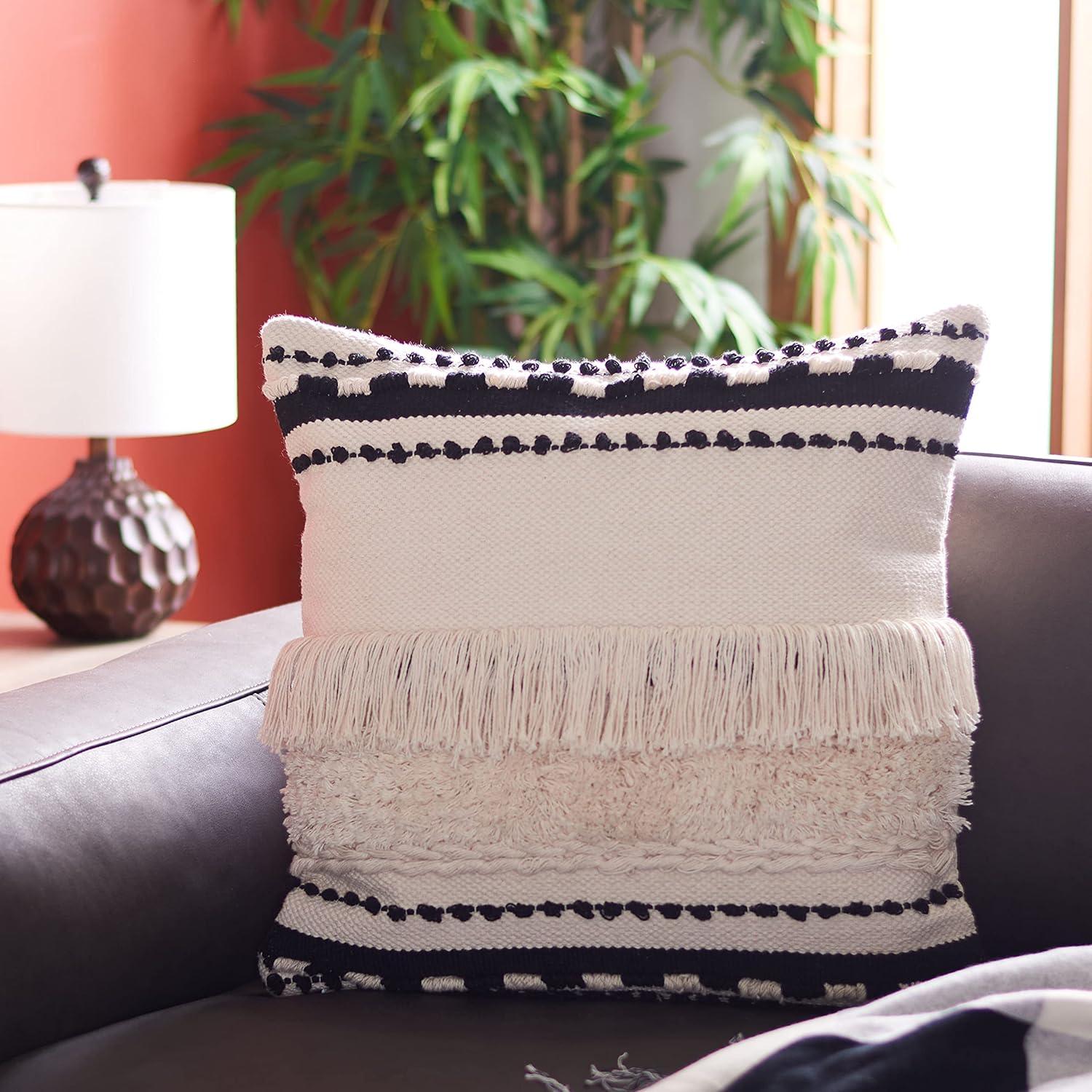 Vanka 20" Beige and Black Cotton Fringed Throw Pillow