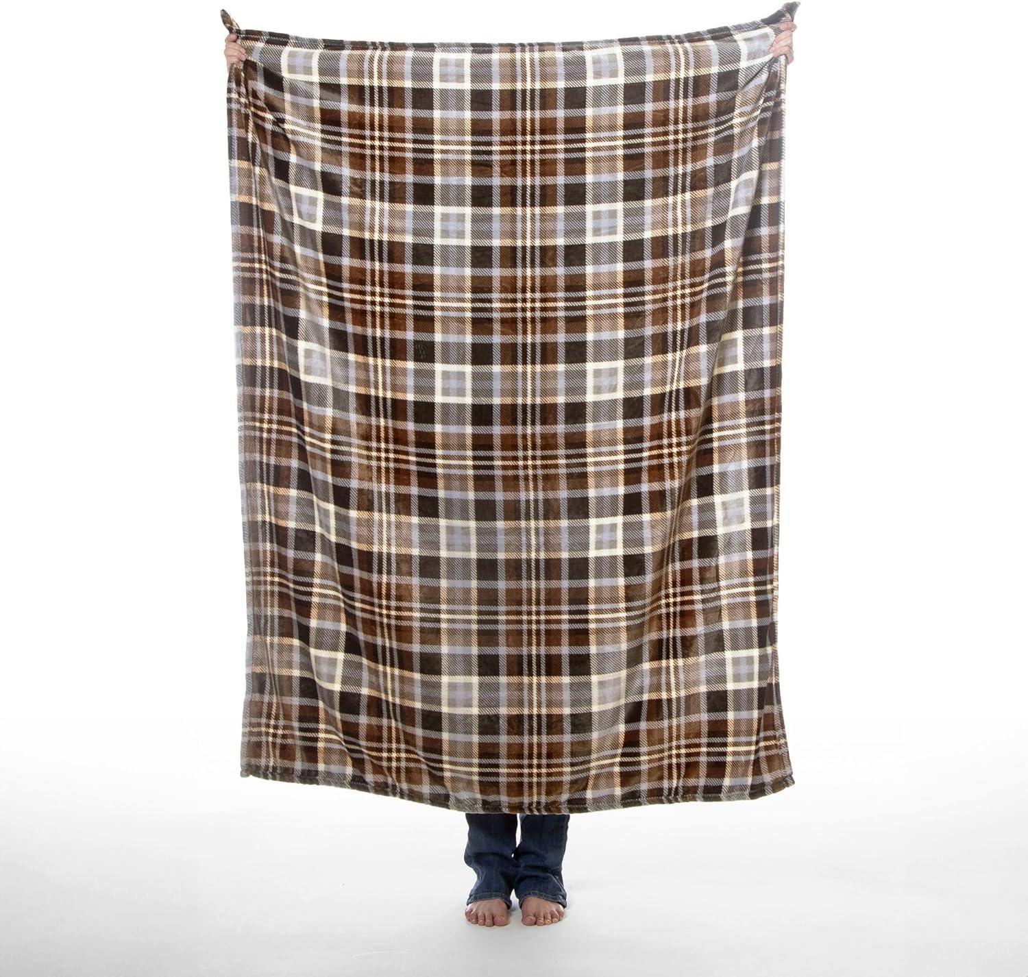 King Size Gray and Chestnut Plaid Fleece Travel Blanket