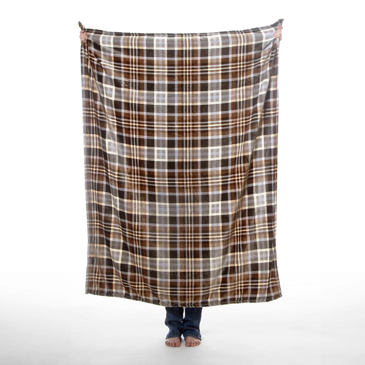 King Size Gray and Chestnut Plaid Fleece Travel Blanket