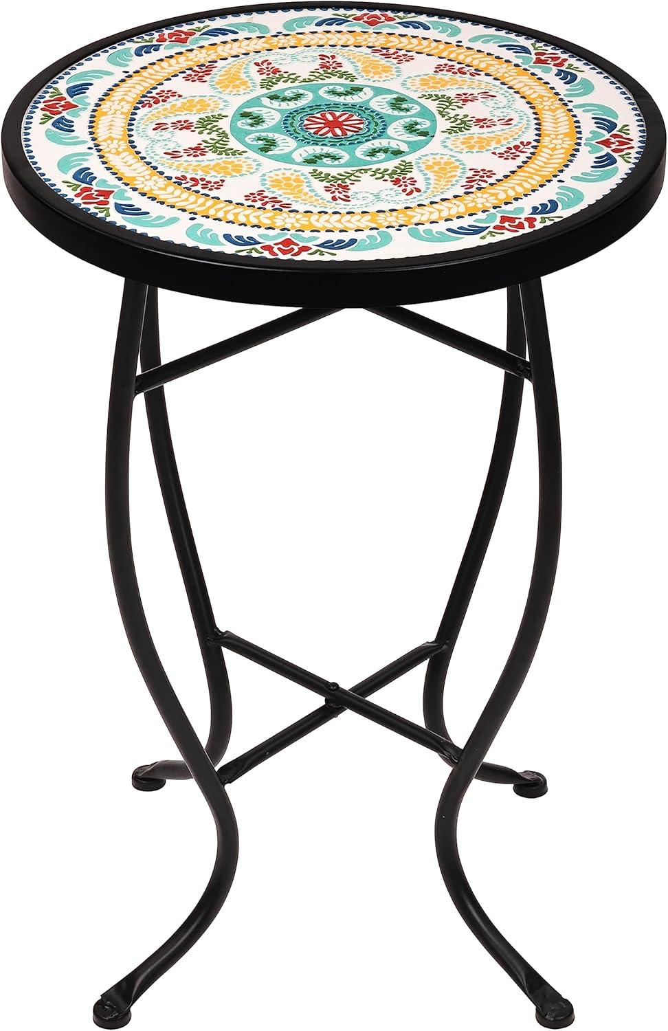 ELEVON Outdoor Side Table Mosaic Patio Table, 21" Accent Table Round End Table with 14" Ceramic Table Top, Outdoor Patio Balcony Table for Garden Backyard Pool Porch Bistro, Plant Stand, Green