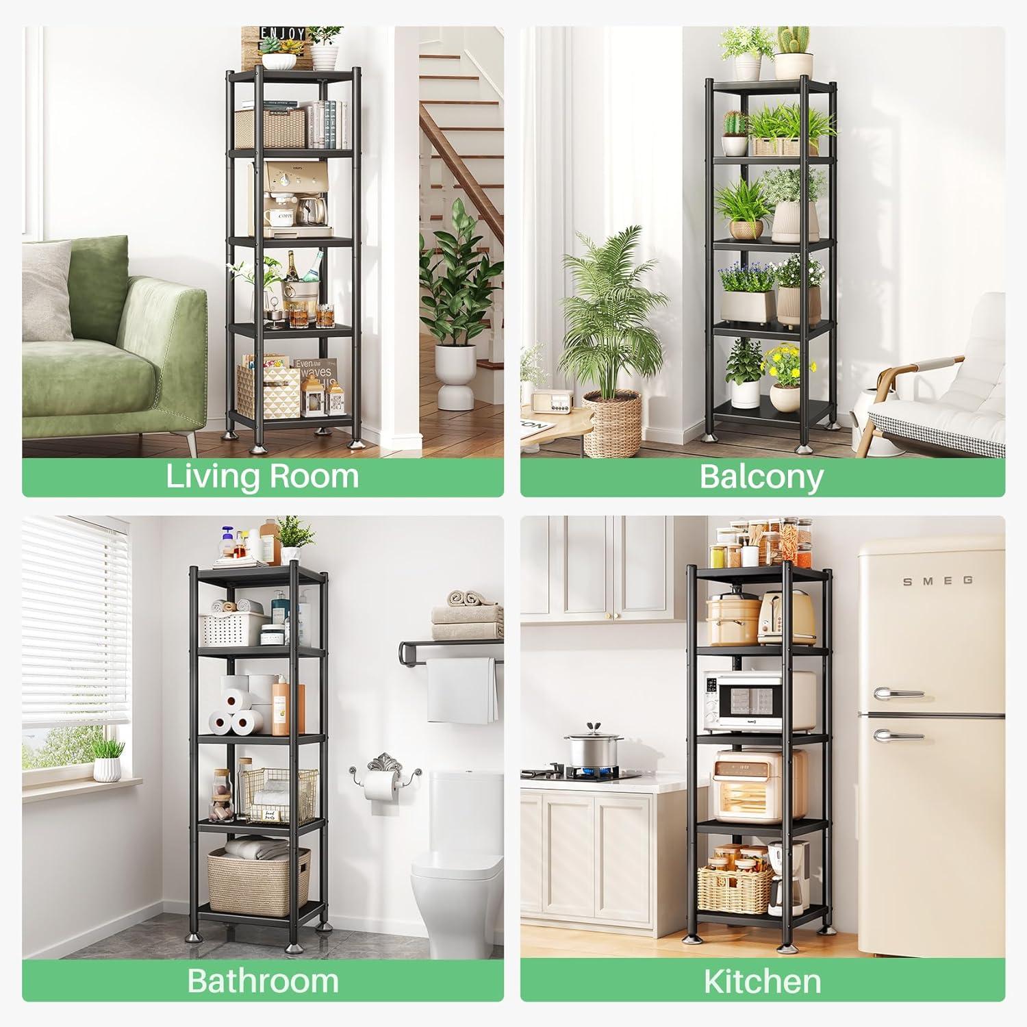 5-Tier Kitchen Storage Shelves, Adjustable Metal Shelves for Storage Pantry Shelves with Rolling Wheels, Storage Rack Shelving Unit Organizer for Bedroom Laundry Closet