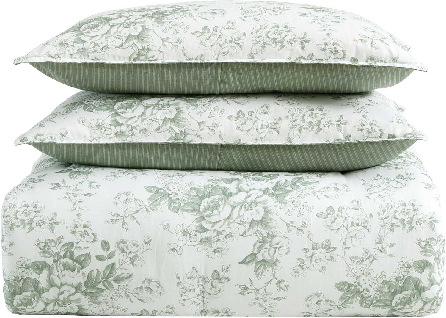 Twin Green Floral Cotton Reversible Comforter Set