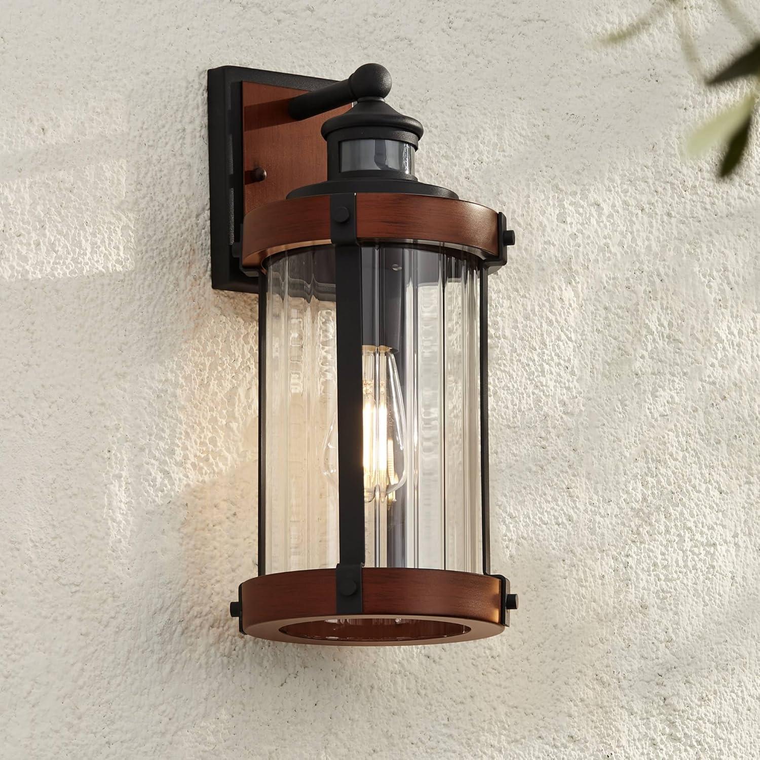 Black and Dark Faux Wood Industrial Outdoor Wall Light with Clear Glass