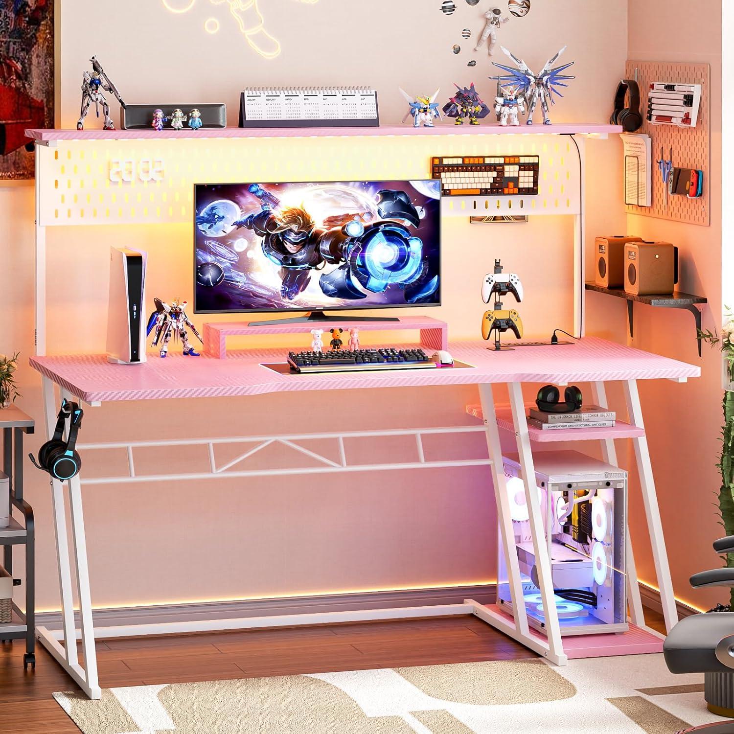 Pink 55'' Gaming Desk with Hutch and LED Lights