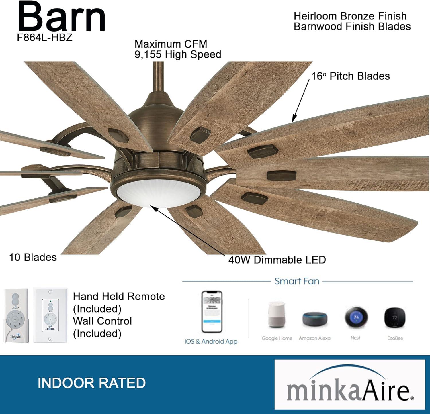 65" Barn 10 - Blade LED Smart Standard Ceiling Fan with Remote Control and Light Kit Included