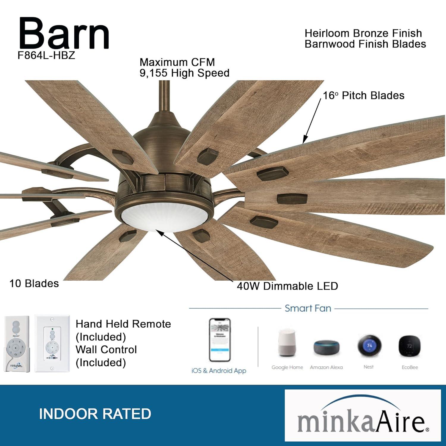 65" Barn 10 - Blade LED Smart Standard Ceiling Fan with Remote Control and Light Kit Included