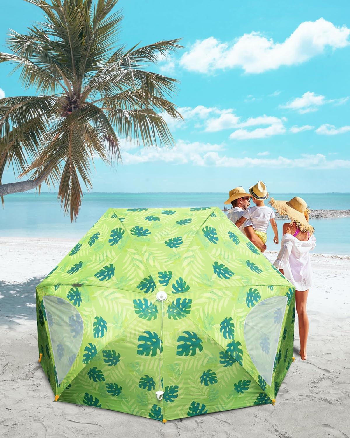 OutdoorMaster Pop Up Beach Umbrella, Portable Umbrella Shelter, Beach Shade Sun Canopy with UPF 50+ UV Protection, Extendable Floor with Carrying Bag