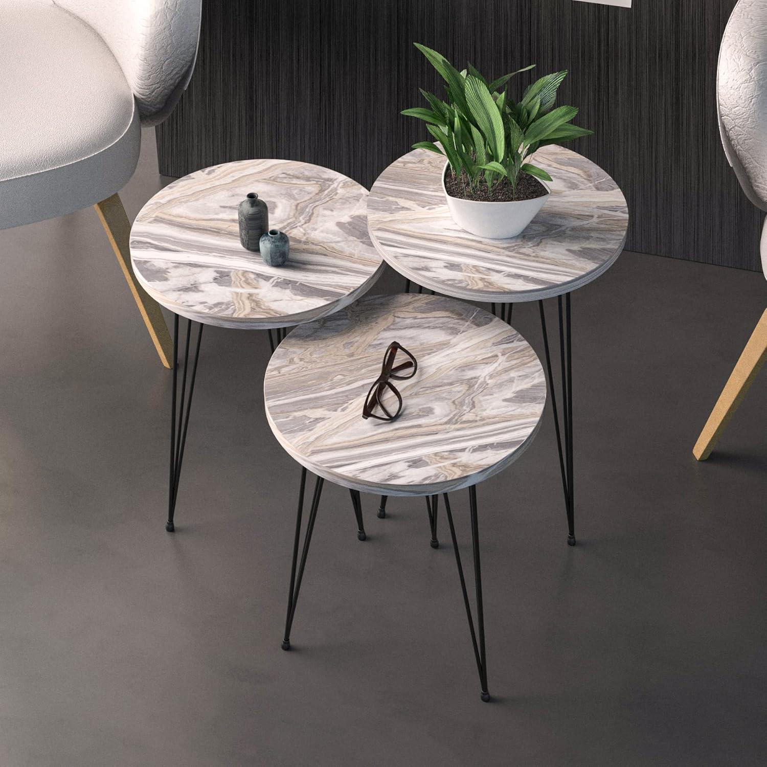 PAK HOME Set of 3 Grey Marble Nesting End Tables Round Wood Stacking Coffee Side Accent Table with Metal Legs for Living Room, Home Office, Nightstands for Bedroom
