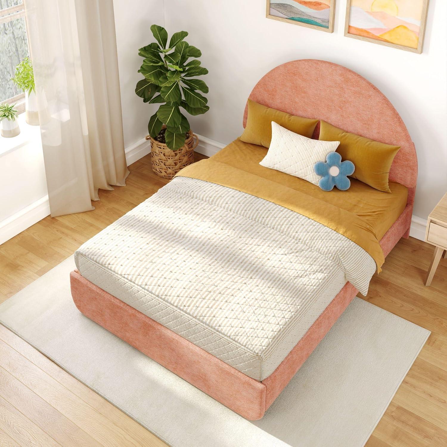 Max & Lily Upholstered Full Bed Frame with Arch Headboard, Upholstered Platform Bed for Kids, No Box Spring Needed, Easy Assembly, Dusty Rose
