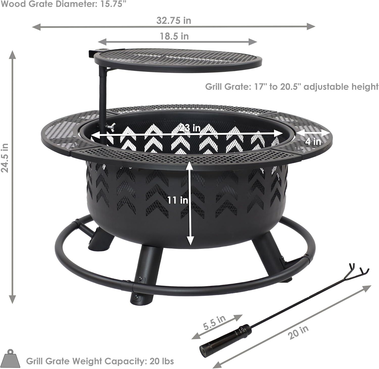 Sunnydaze Arrow Motif Heavy-Duty Steel Fire Pit with Cooking Grate, and PVC Cover - 32-Inch Round - Black