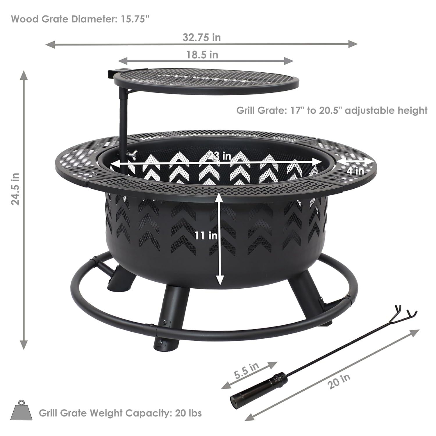 Sunnydaze Arrow Motif Heavy-Duty Steel Fire Pit with Cooking Grate, and PVC Cover - 32-Inch Round - Black