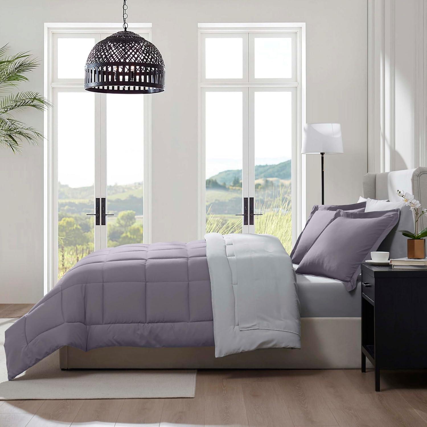 Nestl Bed in a Bag Reversible, 7 Piece Queen Size Bedding Set - Grayish Purple/Light Grey