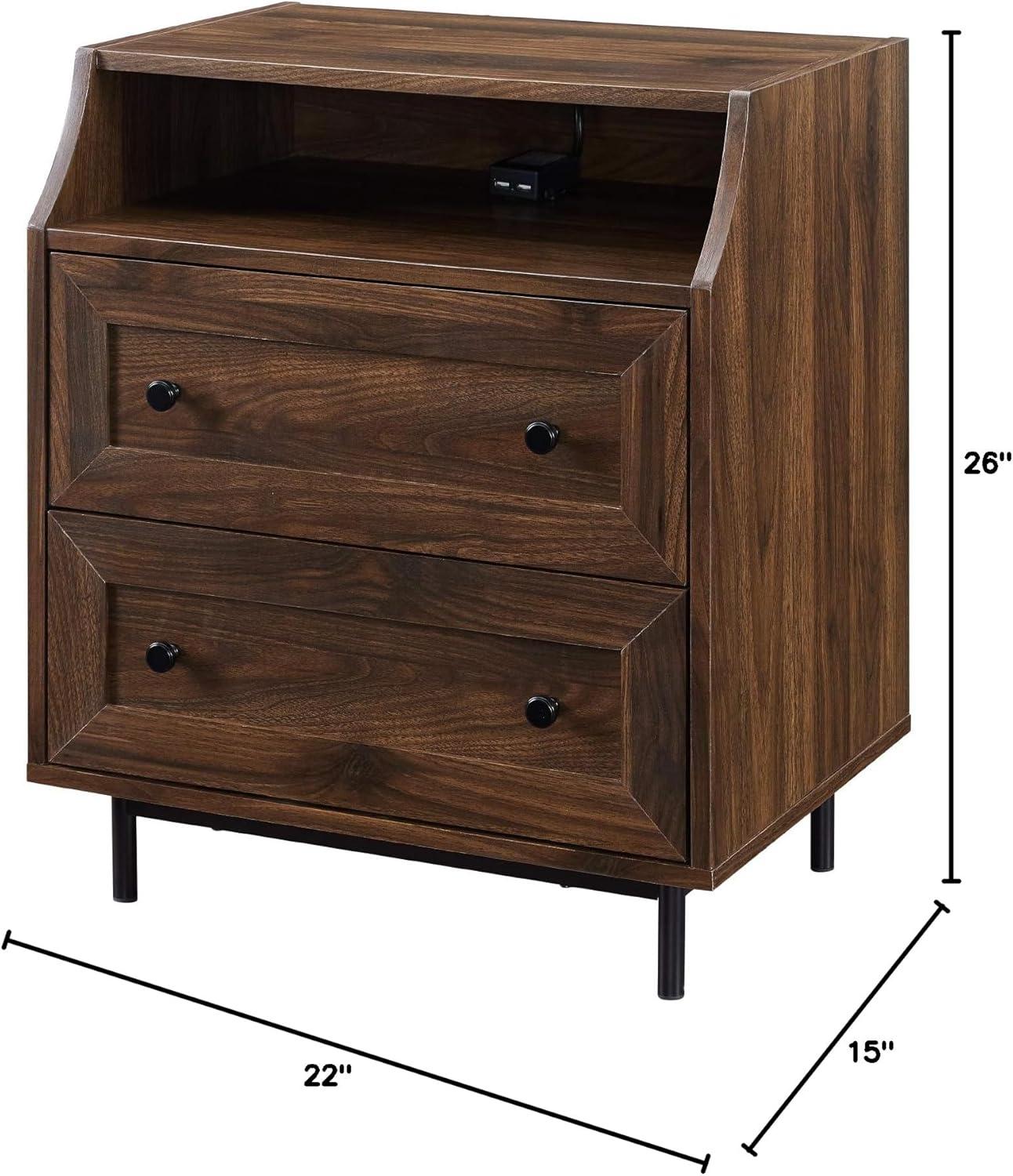 22" Curved Open Top 2-Drawer Bedroom Nightstand with USB in Dark Walnut