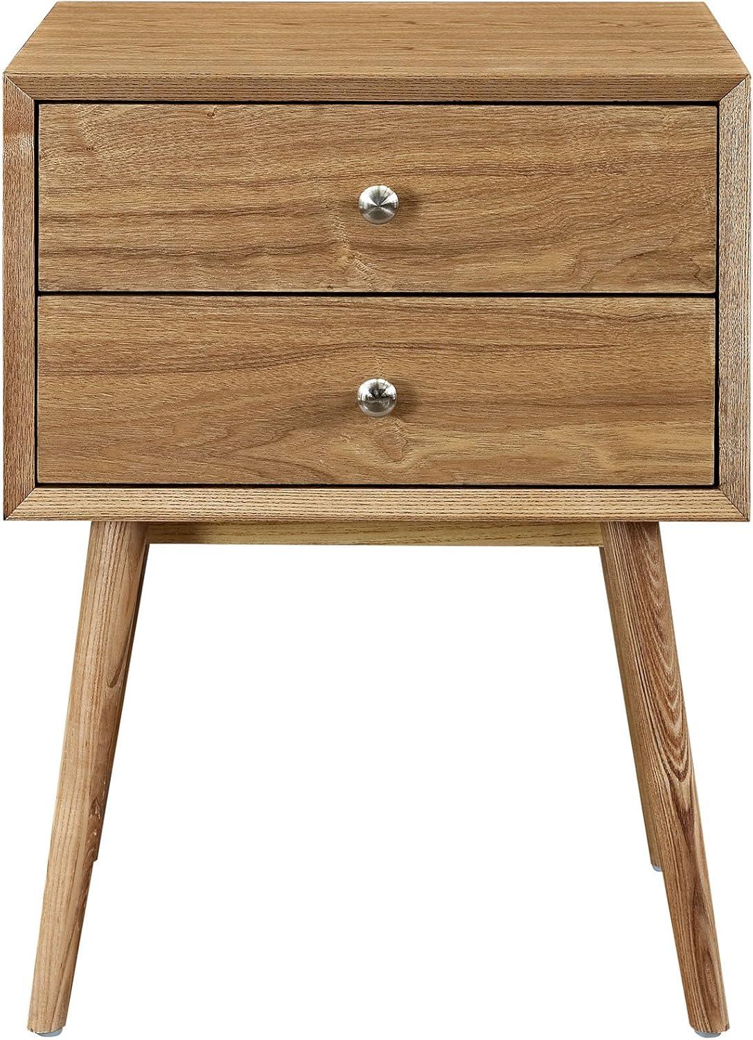 Mid-Century Modern Natural 2-Drawer Nightstand with Polished Metal Knobs