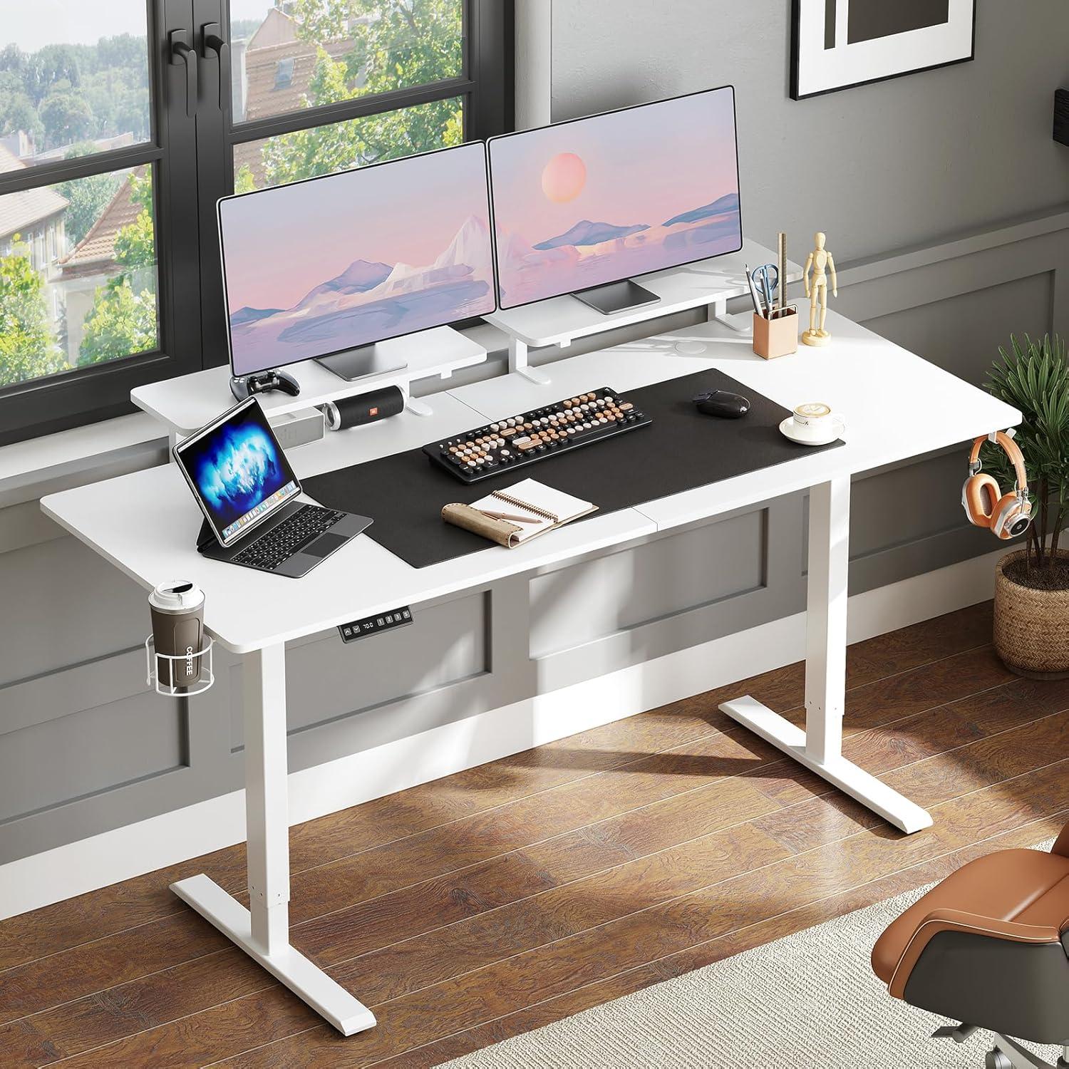 White Electric Standing Desk with Dual Adjustable Monitor Shelves